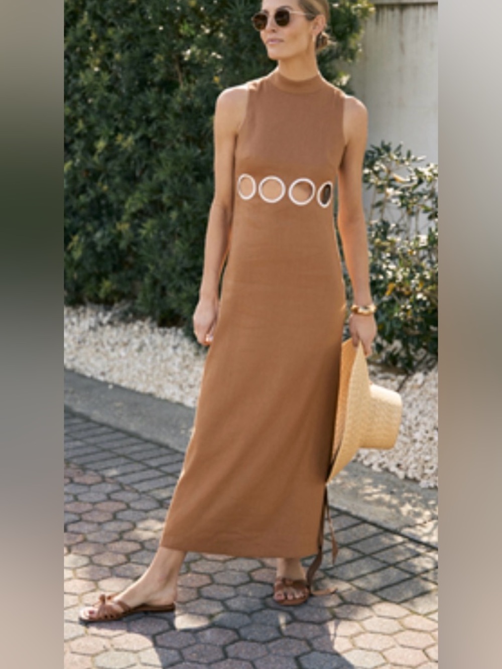 ANTONIO MELANI Sleeveless Tan Maxi Dress with Circular Cutouts